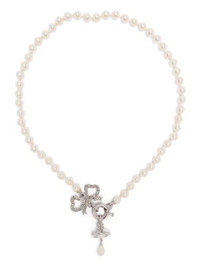 Vivienne Westwood Rigoberta Pearl Necklace Platinum-crystal-velvet-crystal-creamrose-pearl Platinum-crystal-velvet-cry In Metallic