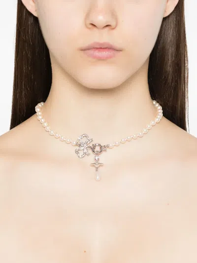 Vivienne Westwood Rigoberta Pearl Necklace Platinum-crystal-velvet-crystal-creamrose-pearl Platinum-crystal-velvet-cry In Metallic