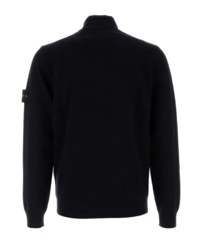 Stone Island High Collar Pullover With Buttoned Placket And Logo Patch In Black