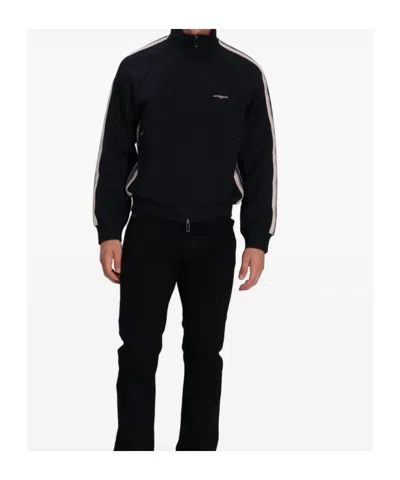 Emporio Armani High Neck Cotton Sweatshirt With Side Stripe In Black