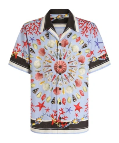 Dolce & Gabbana Multicolor Bowling Shirt With Cuban Collar And All-over Print In Linen Man In Blue