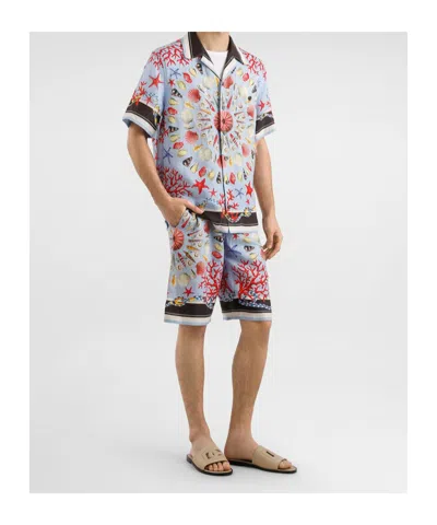Dolce & Gabbana Multicolor Bowling Shirt With Cuban Collar And All-over Print In Linen Man In Blue