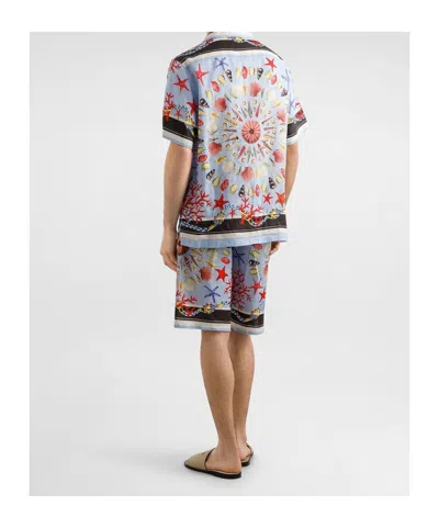 Dolce & Gabbana Multicolor Bowling Shirt With Cuban Collar And All-over Print In Linen Man In Blue