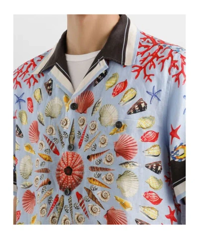 Dolce & Gabbana Multicolor Bowling Shirt With Cuban Collar And All-over Print In Linen Man In Blue