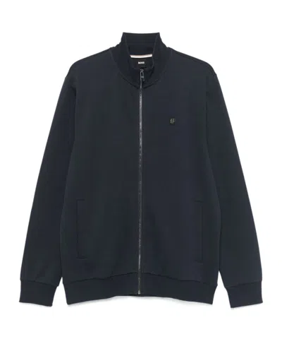 Hugo Boss Zip-up High Collar Sweater In Soft Cotton Blend In Blue