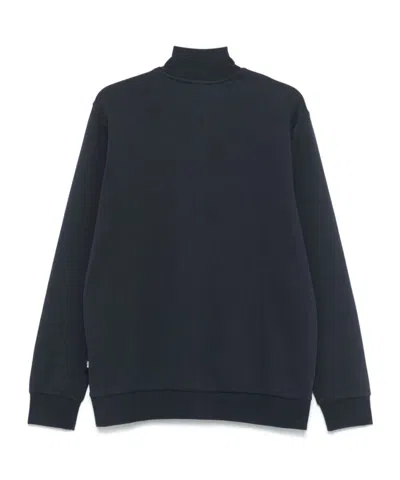 Hugo Boss Zip-up High Collar Sweater In Soft Cotton Blend In Blue