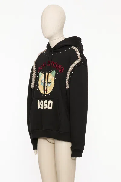 Valentino Crystal-embellished Hooded Sweater With Embroidered Logo In Black