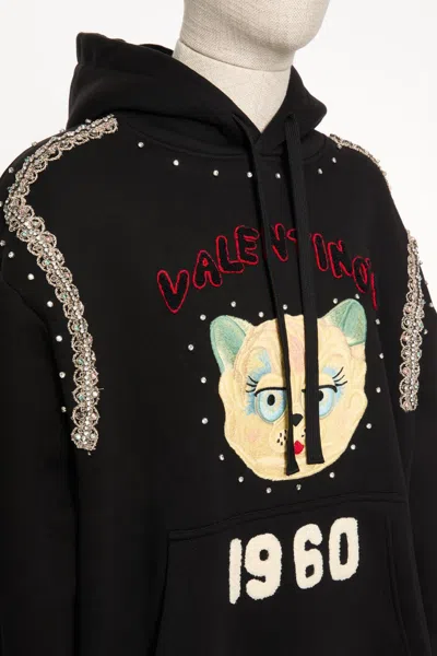 Valentino Crystal-embellished Hooded Sweater With Embroidered Logo In Black