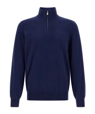Brunello Cucinelli Half-zip High Collar Sweater In Blue
