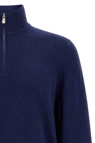 Brunello Cucinelli Half-zip High Collar Sweater In Blue