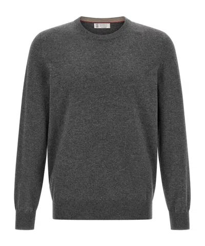 Brunello Cucinelli Cashmere Crew Neck Sweater With Ribbed Cuffs And Hem In Gray