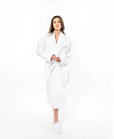 Linum Home Turkish Personalized Unisex Anovia Velour Cotton Bathrobe In White