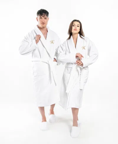 Linum Home Turkish Personalized Unisex Anovia Velour Cotton Bathrobe In White