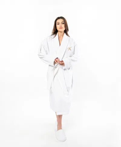 Linum Home Turkish Personalized Unisex Anovia Velour Cotton Bathrobe In White