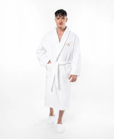 Linum Home Turkish Personalized Unisex Anovia Velour Cotton Bathrobe In White