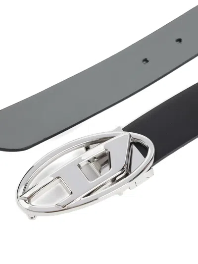 Diesel Reversible Logo Belt Adjustable Fit Metal Buckle In Black