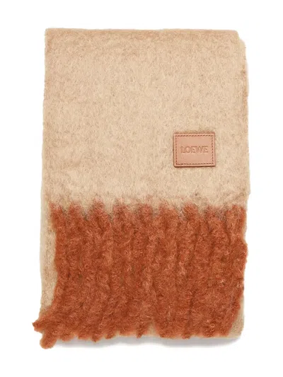 Loewe Fringed Leather-patch Scarf In Neutral