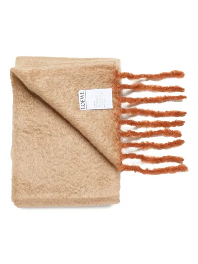 Loewe Fringed Leather-patch Scarf In Neutral