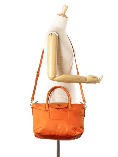 Pre-owned Prada 2013-2025 Saffiano Trimmed Tessuto Satchel In Orange