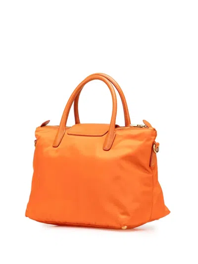 Pre-owned Prada 2013-2025 Saffiano Trimmed Tessuto Satchel In Orange