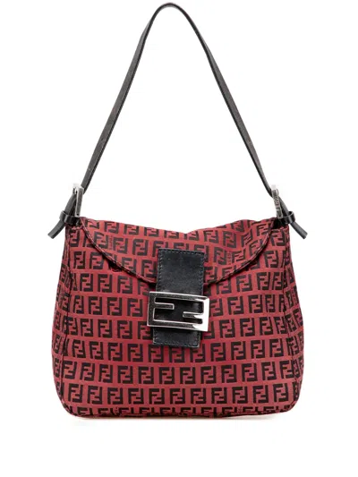 Pre-owned Fendi 2000-2010 Zucca Canvas Double Flap Mamma Shoulder Bag In Red
