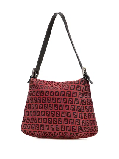 Pre-owned Fendi 2000-2010 Zucca Canvas Double Flap Mamma Shoulder Bag In Red