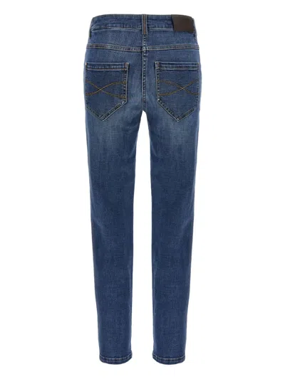 Brunello Cucinelli Embellished Skinny Cotton Jeans With Contrast Stitching In Blue