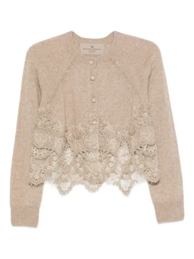 Ermanno Scervino Cropped Cashmere Cardigan Lace Trim In Neutral