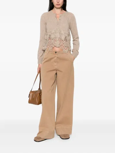 Ermanno Scervino Cropped Cashmere Cardigan Lace Trim In Neutral