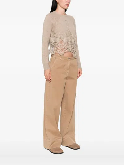 Ermanno Scervino Cropped Cashmere Cardigan Lace Trim In Neutral