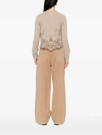 Ermanno Scervino Cropped Cashmere Cardigan Lace Trim In Neutral