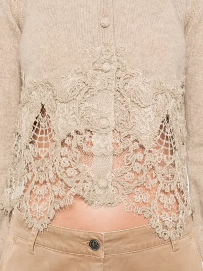Ermanno Scervino Cropped Cashmere Cardigan Lace Trim In Neutral
