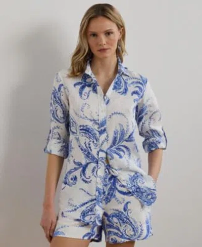 Ralph Lauren Womens Relaxed Fit Paisley 100 Linen Shirt P Xs 3x In Blue