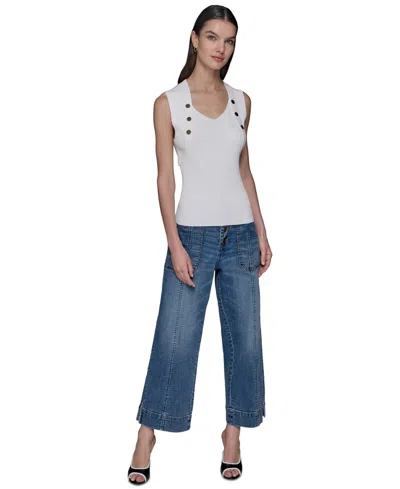 Karl Lagerfeld Women's Ribbed Button-front Sweater Tank Top In White