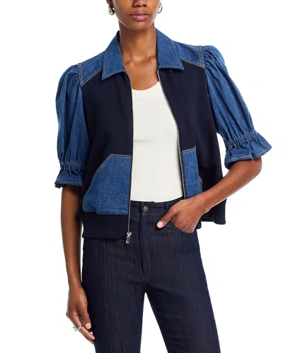 Cinq À Sept Susan Denim-panelled Puff-sleeve Jacket In Blue