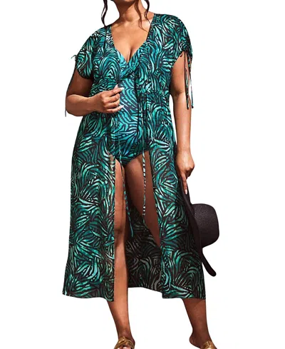 Live Unlimited Abstract Drawstring Shoulder Kimono In Blue