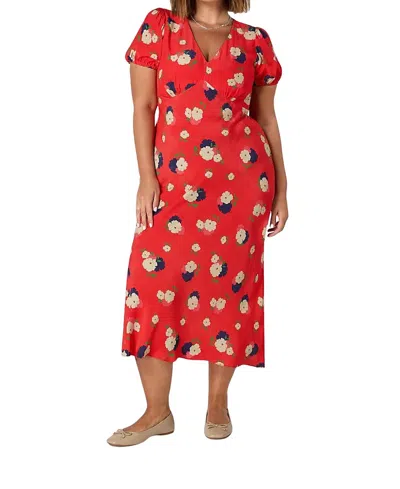 Live Unlimited Floral Puff Short Sleeve Midi Dress In Red