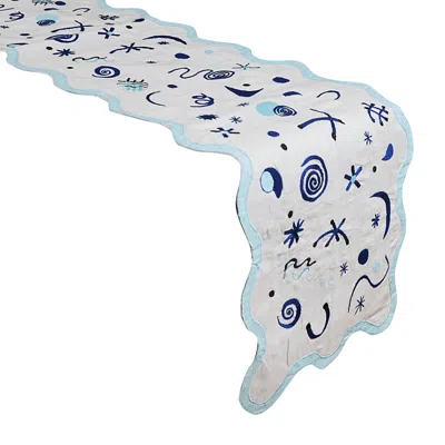 Misette Celestial Linen Embroidered Runner In Blue In Blue