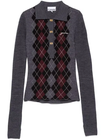 Ganni Grey Sweater With Classic Collar And Check Motif On The Front In Wool Woman