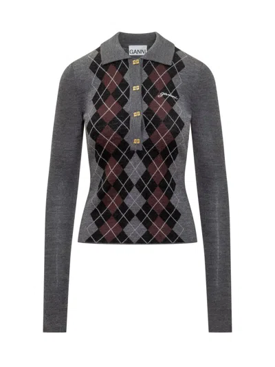 Ganni Grey Sweater With Classic Collar And Check Motif On The Front In Wool Woman