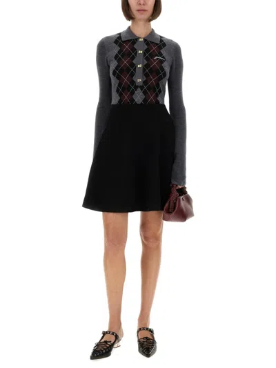 Ganni Grey Sweater With Classic Collar And Check Motif On The Front In Wool Woman