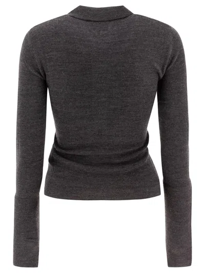 Ganni Grey Sweater With Classic Collar And Check Motif On The Front In Wool Woman