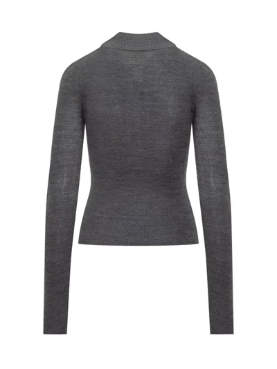 Ganni Grey Sweater With Classic Collar And Check Motif On The Front In Wool Woman