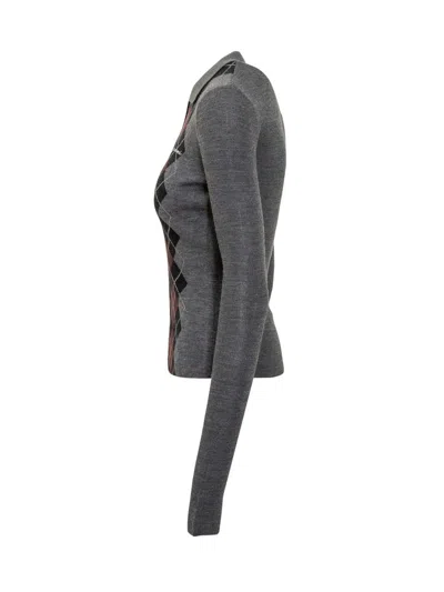 Ganni Grey Sweater With Classic Collar And Check Motif On The Front In Wool Woman
