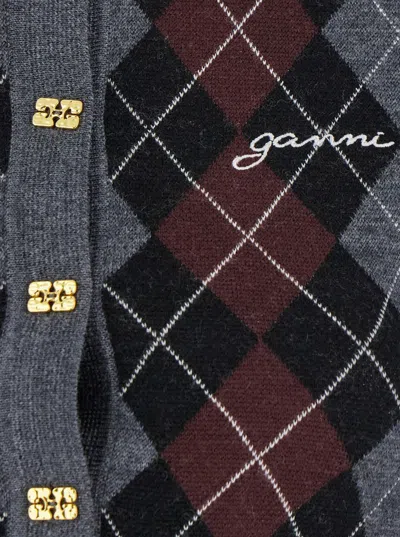 Ganni Grey Sweater With Classic Collar And Check Motif On The Front In Wool Woman
