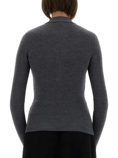 Ganni Grey Sweater With Classic Collar And Check Motif On The Front In Wool Woman