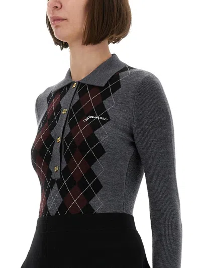 Ganni Grey Sweater With Classic Collar And Check Motif On The Front In Wool Woman