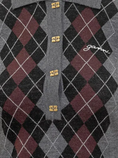 Ganni Grey Sweater With Classic Collar And Check Motif On The Front In Wool Woman
