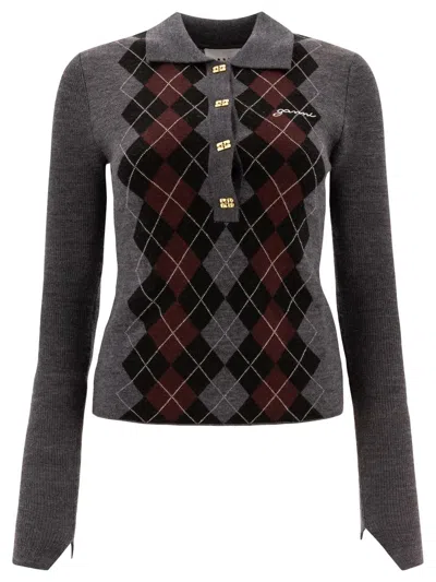 Ganni Grey Sweater With Classic Collar And Check Motif On The Front In Wool Woman