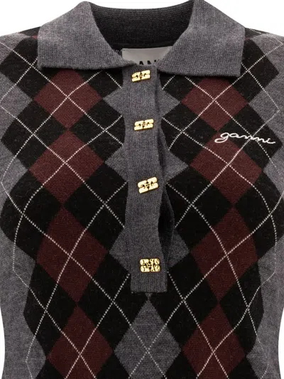 Ganni Grey Sweater With Classic Collar And Check Motif On The Front In Wool Woman